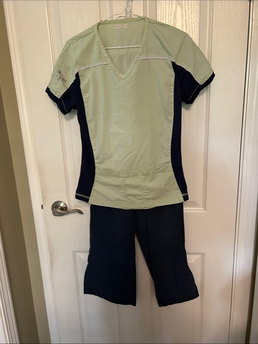 Two-Tone Straight Leg Scrub Pants & Top - Sage Green & Navy